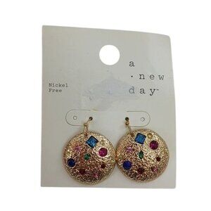 A New Day Earrings Gold Multicolor Gemstone Hook Dangle Circle Womens